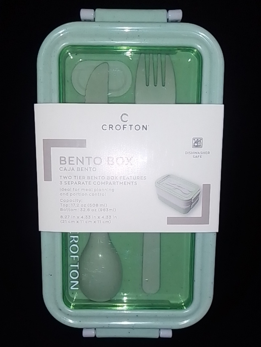 Crofton Mint Green Two-Tier Bento Box with Utensils